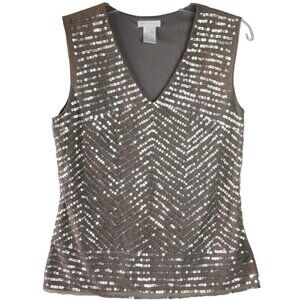 Worthington Womens Size M Sleeveless Brown Blouse Silver Tone Sequins Pull Over
